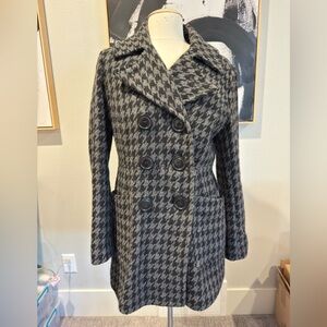 Bar III Wool-blend Pea Coat Houndstooth Black & Grey Womens Large